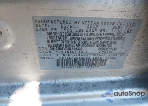 2021 Nissan Versa Sv Xtronic Cvt from USA, damaged, VIN 3N1CN8EV2ML879370